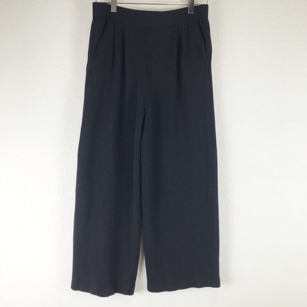 St. John Knit Pull-On Pants Cropped Wide Leg Pockets Black Made in USA Size 4